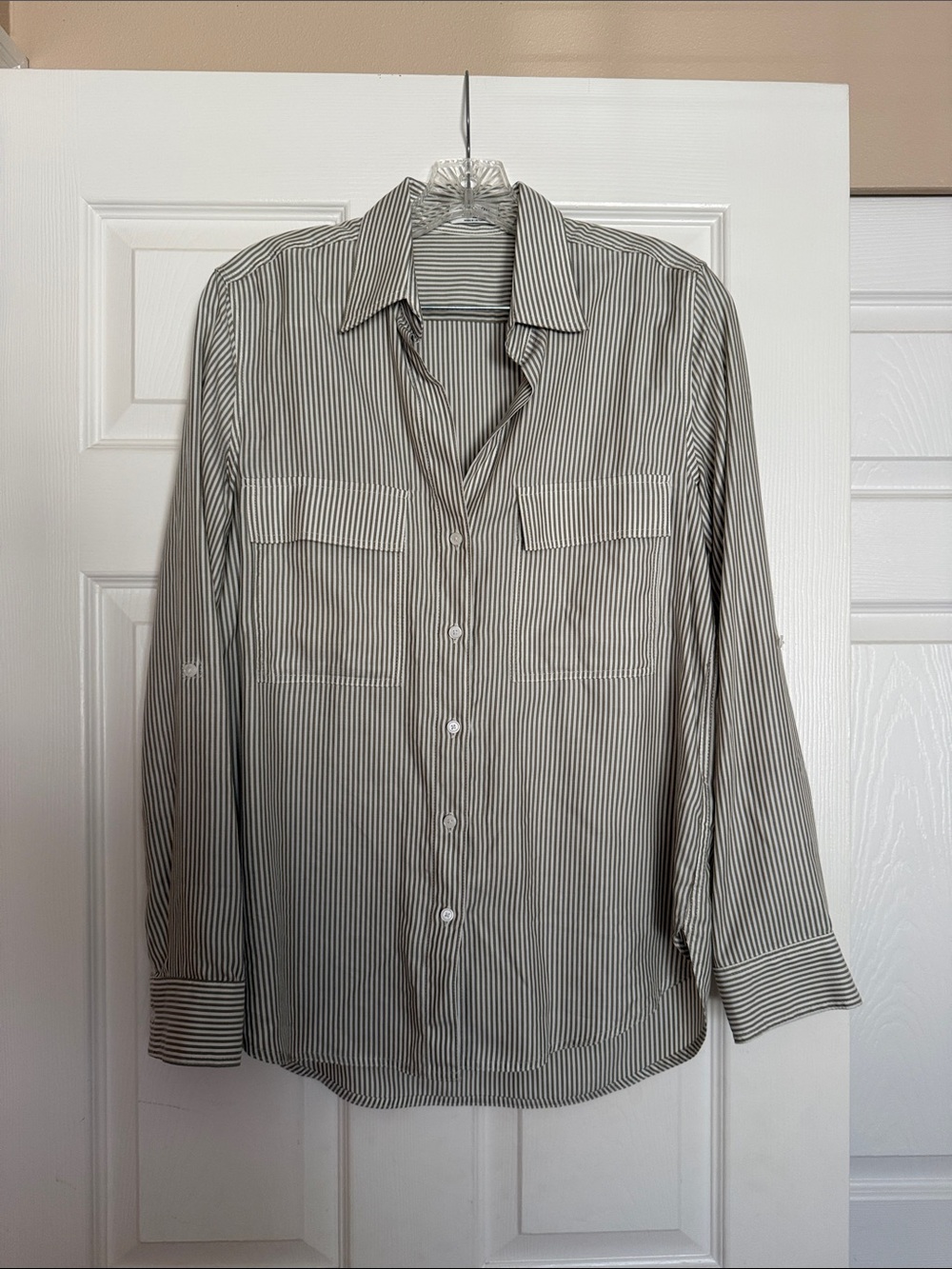 Aritzia Babaton Olive White Stripe Utility Button Down XS